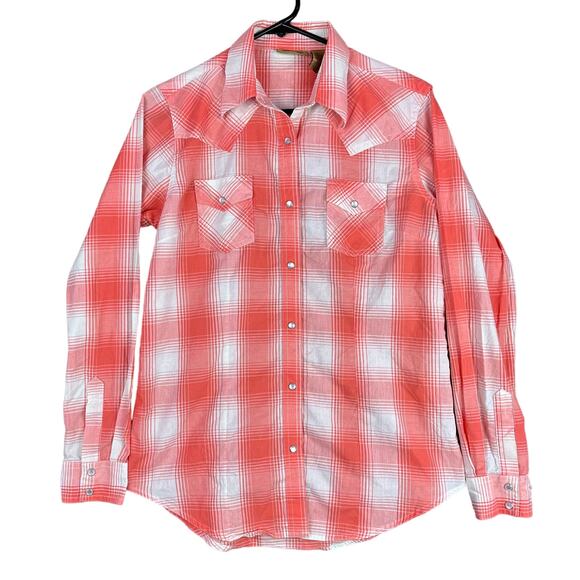 Wrangler Womens Shirt Orange White Plaid Pearl Snap Button Down Small - Picture 1 of 13